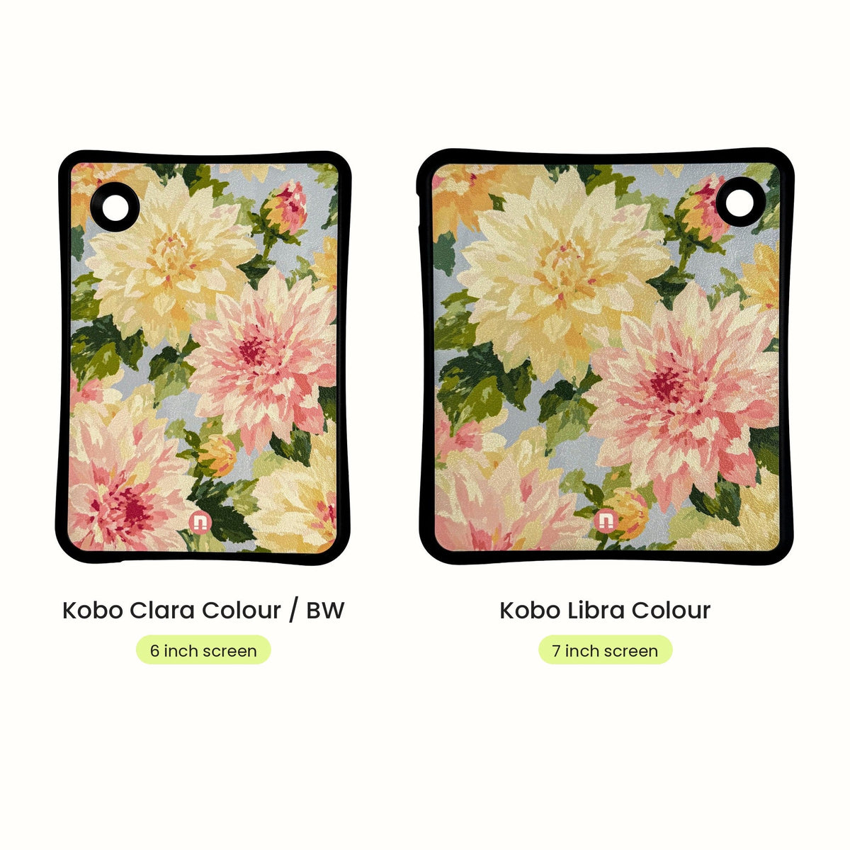 Bondi Flower Shop case for the Kobo Clara Colour and Clara BW next to the Kobo Libra Colour case